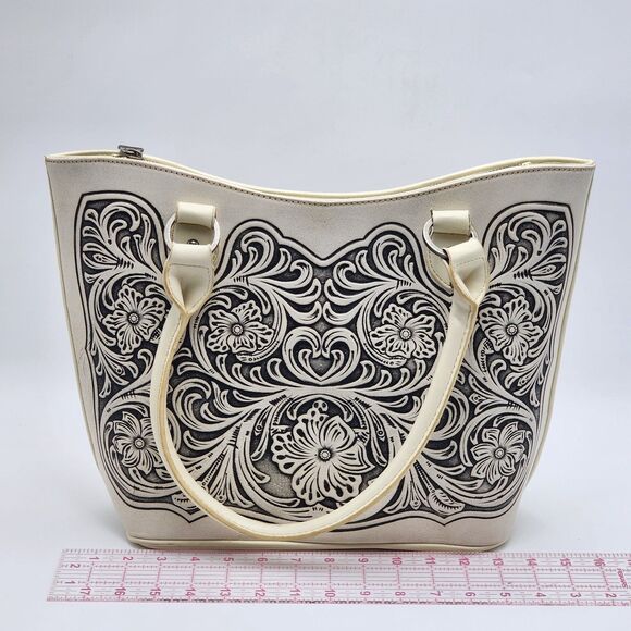 Trinity Ranch Western Floral Embossed Leather White Tote Bag - Picture 13 of 16